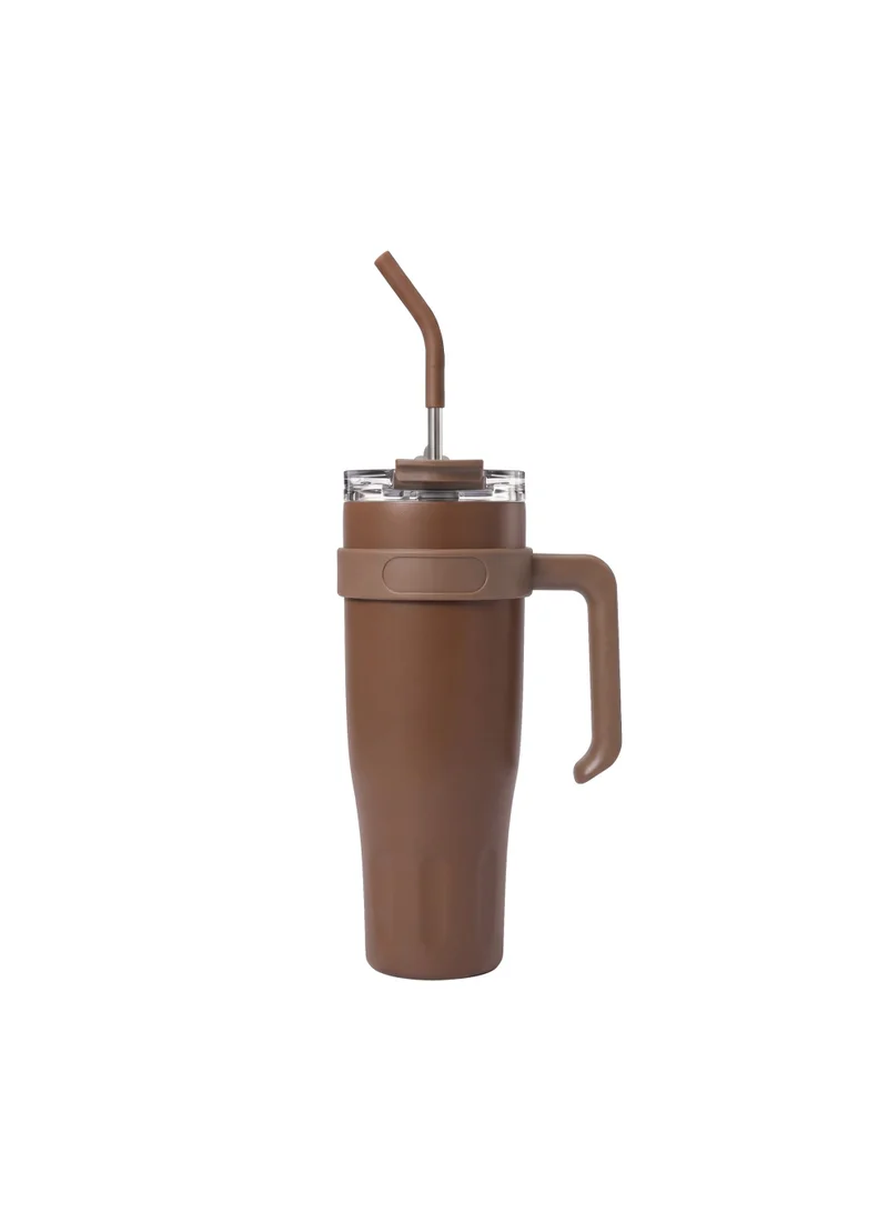 Mobcos 40oz Stainless Steel Tumbler with Handle – Leakproof, Insulated Travel Mug with Lid &amp; Straw – Reusable Double-Wall Vacuum Cup for Hot &amp; Cold Drinks for Girls and Boys for Outdoor (Brown)