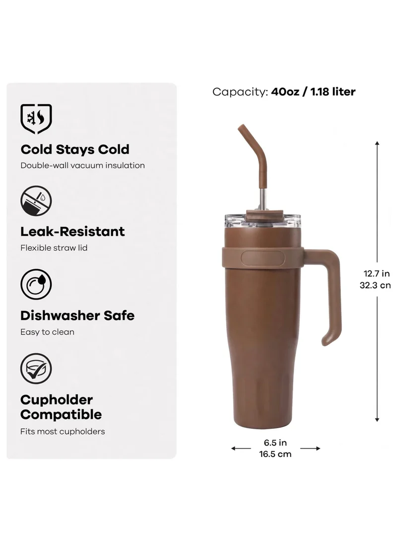 Mobcos 40oz Stainless Steel Tumbler with Handle – Leakproof, Insulated Travel Mug with Lid &amp; Straw – Reusable Double-Wall Vacuum Cup for Hot &amp; Cold Drinks for Girls and Boys for Outdoor (Brown)