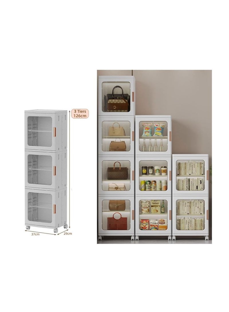 Foldable Storage Box,Plastic Stackable Storage Bin with Lid Door,Large Capacity Folding Storage Cabinet for Toys Clothes Shoes Organization,Collapsible Closet Wardrobe,Portable Cupboard with Wheel (B)  - Image 2