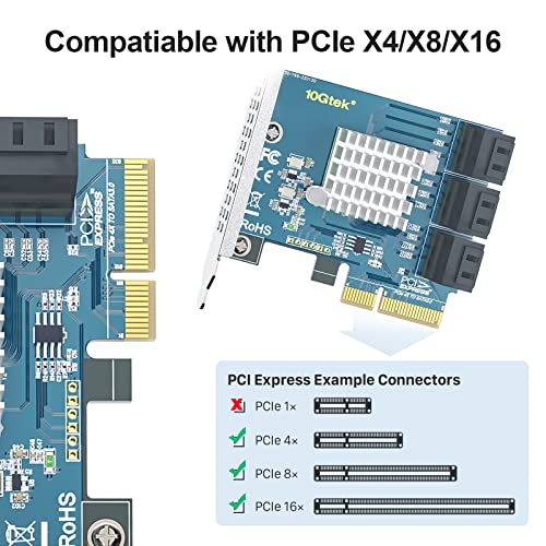 10Gtek 6-Port PCIe Expansion Card, PCIe x4 to 6X SATA 3.0 (6Gbps) Controller with 6 Cables & Low Profile Bracket, Supports HDD/SSD Storage for Desktop PC‌ - Image 2