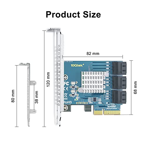 10Gtek 6-Port PCIe Expansion Card, PCIe x4 to 6X SATA 3.0 (6Gbps) Controller with 6 Cables & Low Profile Bracket, Supports HDD/SSD Storage for Desktop PC‌ - Image 3