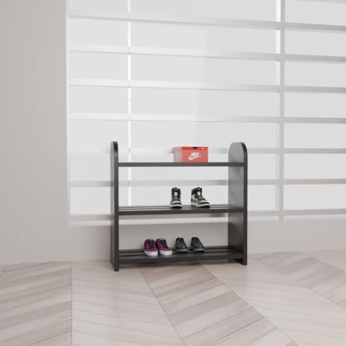 flux Elegance Three-Tier Shoe Rack Black 50x20x50 cm Particle Board with Laminate Finish Multipurpose Storage Organizer Durable Wooden Shelf for Shoes Home Office Dining Room - Image 1