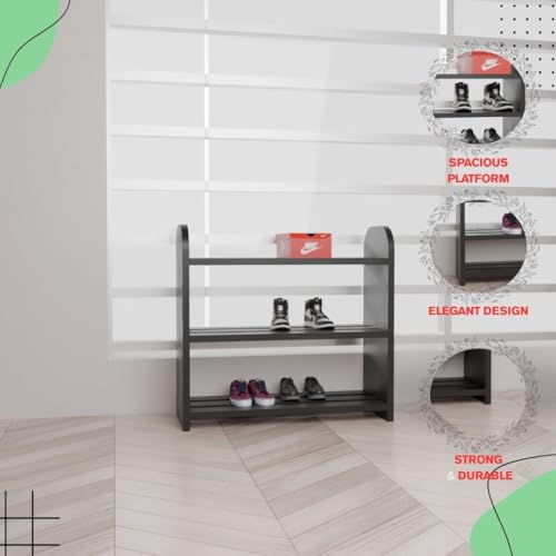 flux Elegance Three-Tier Shoe Rack Black 50x20x50 cm Particle Board with Laminate Finish Multipurpose Storage Organizer Durable Wooden Shelf for Shoes Home Office Dining Room - Image 4