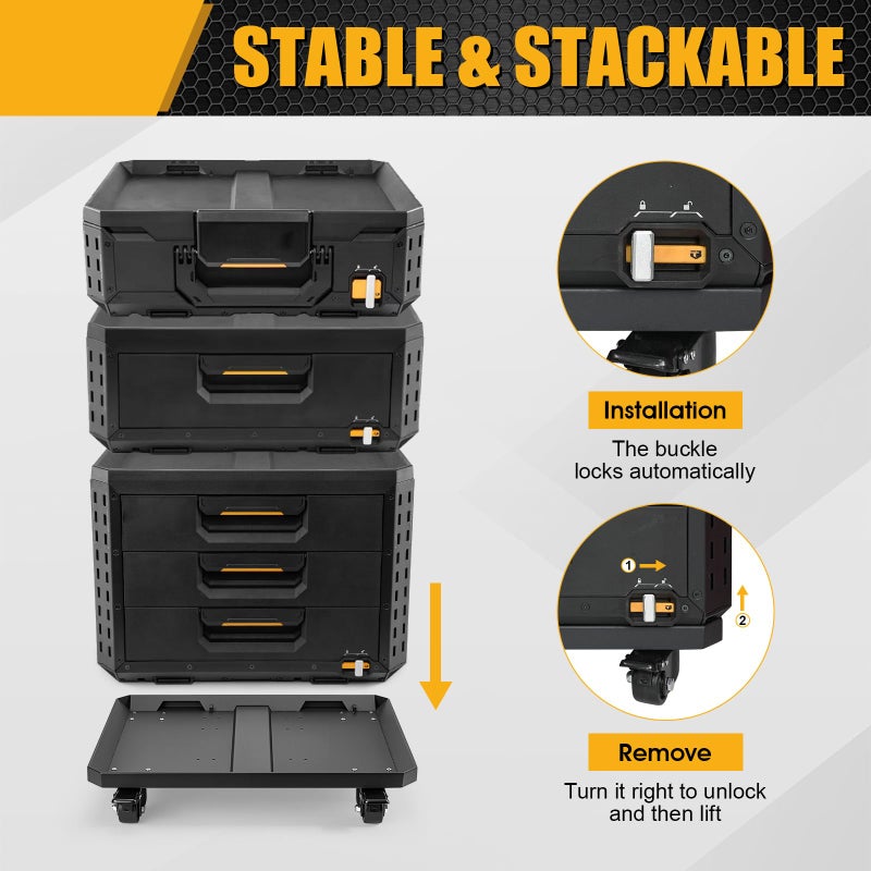 BPOPO عربة صندوق أدوات ثقيلة مناسبة لصناديق أدوات ToughBuilt StackTech، قاعدة عربة فولاذية كربونية مع منصة متحركة بأربعة عجلات قفل، قاعدة تخزين أدوات متنقلة للمرآب وموقع العمل - Image 5