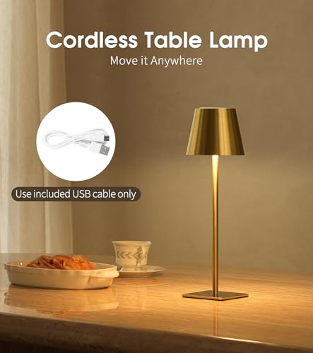 UME 3 Pack Cordless Table Lamp Battery Operated Lamp Portable Waterproof Rechargeable Table Lamp w 3 Color Temps Stepless Dimming for Dinner Desk Cafe Outdoor Brushed Gold - Image 3