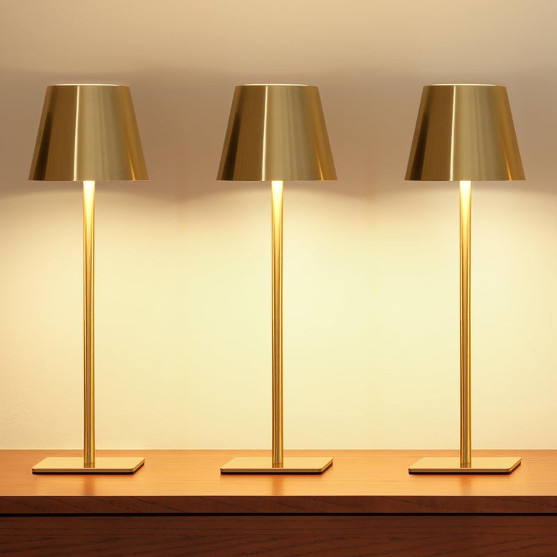 UME 3 Pack Cordless Table Lamp Battery Operated Lamp Portable Waterproof Rechargeable Table Lamp w 3 Color Temps Stepless Dimming for Dinner Desk Cafe Outdoor Brushed Gold - Image 2