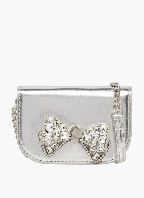 Girls Bow Embellished Crossbody Bag with Chain Strap and Button Closure