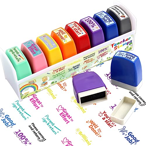 Fancy Land Teacher Stamps for Grading Motivational Teacher Self-Inking Stamp Set Encouraging Signature Stamp for Classroom Supplies 8 Packs Multicolor - Image 1