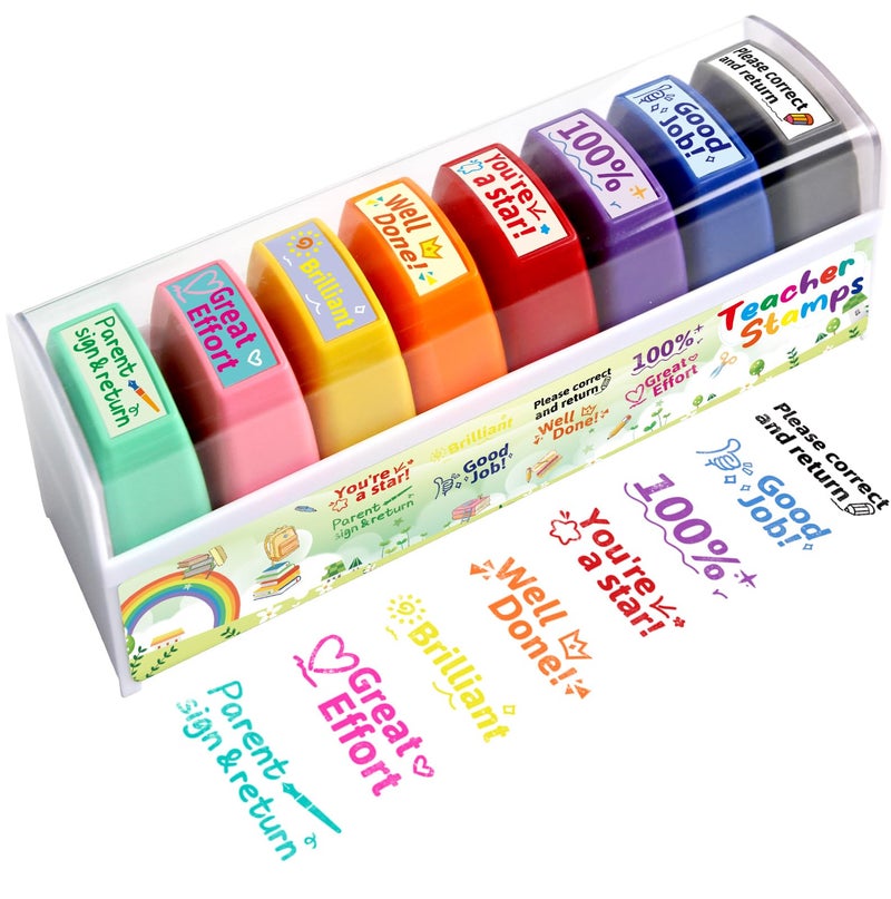 Fancy Land Teacher Stamps for Grading Motivational Teacher Self-Inking Stamp Set Encouraging Signature Stamp for Classroom Supplies 8 Packs Multicolor - Image 2
