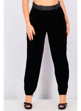 EMPORIO ARMANI سراويل نسائية عادية ذات خصر مرتفع، سوداء مخملية  - Image 1