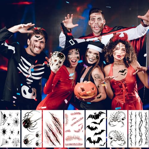 Zomme 23 Sheets Halloween Joker Tattoos for Men Women Adults, Halloween Face Fake Temporary Tattoos, Halloween Snake Skull Bat Spider Scar Fake Tattoos Set for Halloween Cosplay Makeup Party Accessories - Image 5