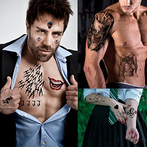Zomme 23 Sheets Halloween Joker Tattoos for Men Women Adults, Halloween Face Fake Temporary Tattoos, Halloween Snake Skull Bat Spider Scar Fake Tattoos Set for Halloween Cosplay Makeup Party Accessories - Image 4