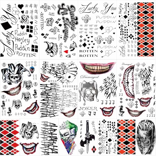 Zomme 23 Sheets Halloween Joker Tattoos for Men Women Adults, Halloween Face Fake Temporary Tattoos, Halloween Snake Skull Bat Spider Scar Fake Tattoos Set for Halloween Cosplay Makeup Party Accessories - Image 1