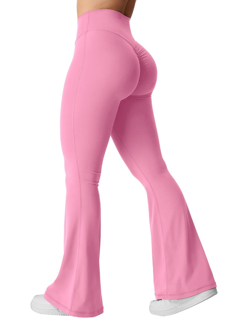 YEOREO Kalie Flare Scrunch Leggings for Women V Cross Waist Bell Bottom Yoga Pants Tummy Control Bootcut Workout Leggings Begonia Pink XL - Image 1