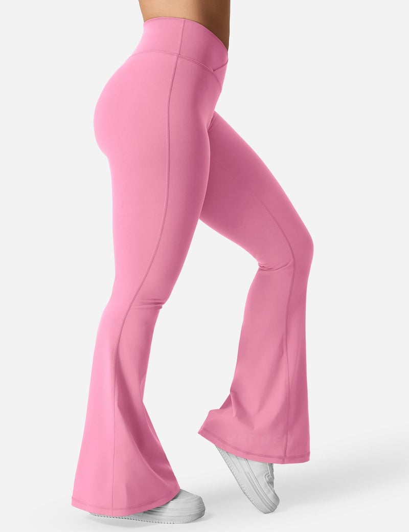 YEOREO Kalie Flare Scrunch Leggings for Women V Cross Waist Bell Bottom Yoga Pants Tummy Control Bootcut Workout Leggings Begonia Pink XL - Image 4