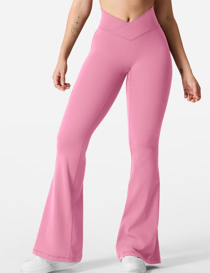 YEOREO Kalie Flare Scrunch Leggings for Women V Cross Waist Bell Bottom Yoga Pants Tummy Control Bootcut Workout Leggings Begonia Pink XL - Image 2