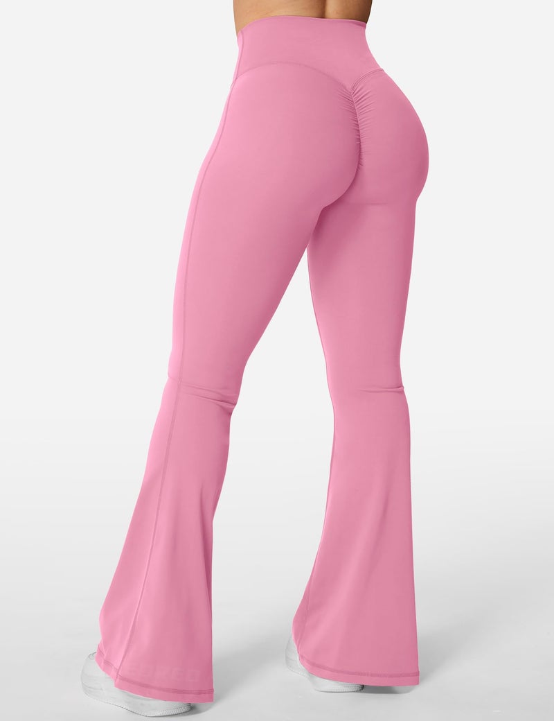YEOREO Kalie Flare Scrunch Leggings for Women V Cross Waist Bell Bottom Yoga Pants Tummy Control Bootcut Workout Leggings Begonia Pink XL - Image 3