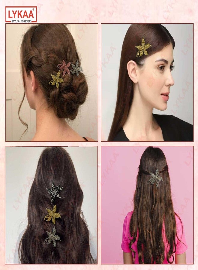 LYKAA 3 Pcs Tic Tac Hair Clips for Girls Flowers rhinestones Hair Accessories for Women - Floral Bridal Brooch Hair Pins for Wedding Girls Hairstyle Bride Clips Tiara Juda Bun Hair Clips - Pack of 3 Multicolor - Image 5