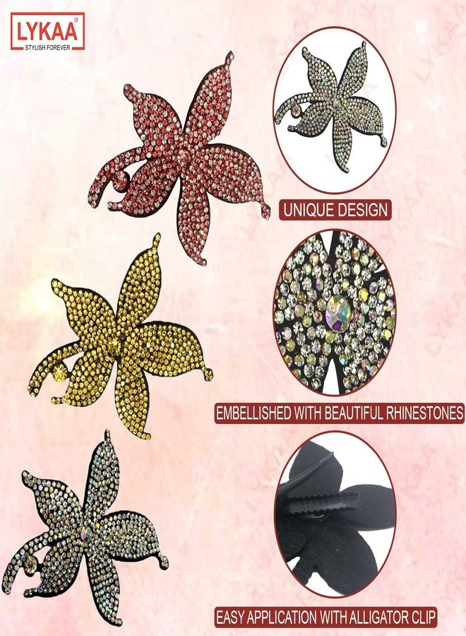 LYKAA 3 Pcs Tic Tac Hair Clips for Girls Flowers rhinestones Hair Accessories for Women - Floral Bridal Brooch Hair Pins for Wedding Girls Hairstyle Bride Clips Tiara Juda Bun Hair Clips - Pack of 3 Multicolor - Image 3