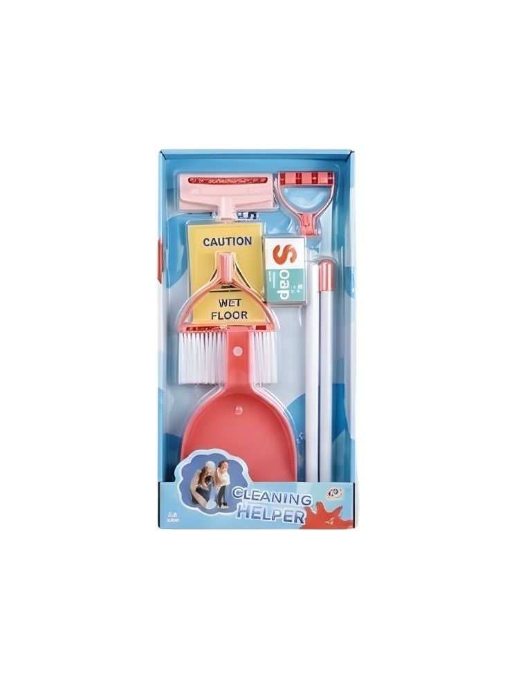 بريميم مجموعة ألعاب تنظيف للأطفال تتضمن ممسحة ومكنسة ومجرفة وعلامة تحذير – مجموعة وردية - Image 2