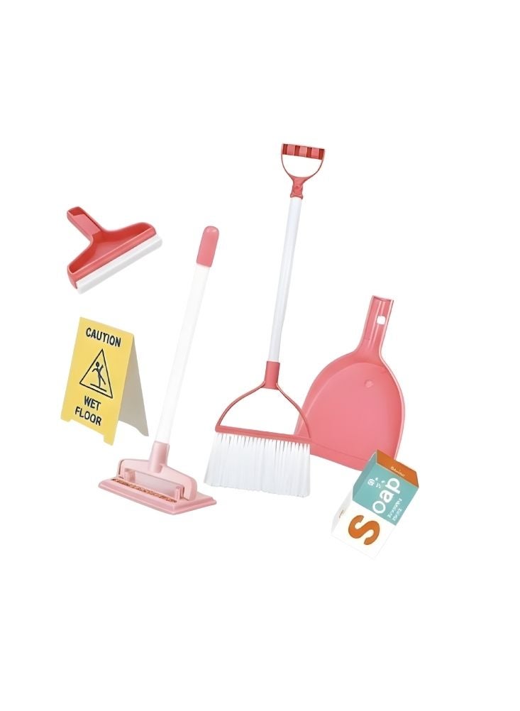 بريميم مجموعة ألعاب تنظيف للأطفال تتضمن ممسحة ومكنسة ومجرفة وعلامة تحذير – مجموعة وردية - Image 3