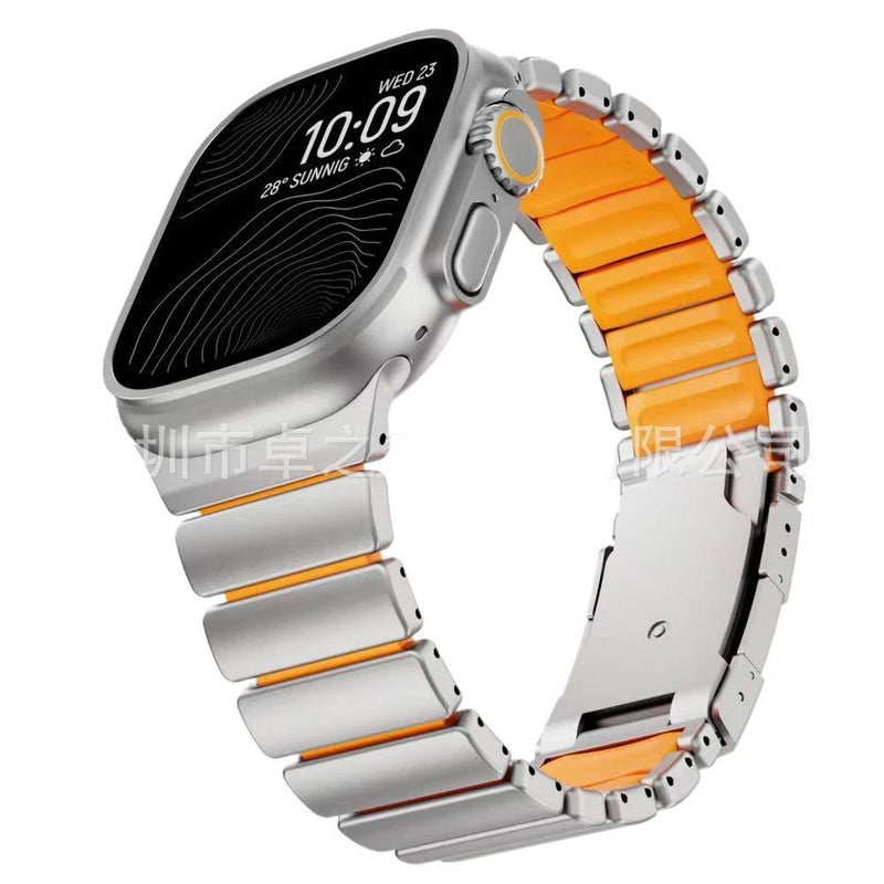 سوار ساعة ذكية سوار معدني من الستانلس ستيل متوافق باللون برتقالي قابل للتعديل مع Apple Watch 42/44/45/49mm بملاءمة قابلة للتعديل وحزام بديل بتصميم معدني أنيق - Image 3