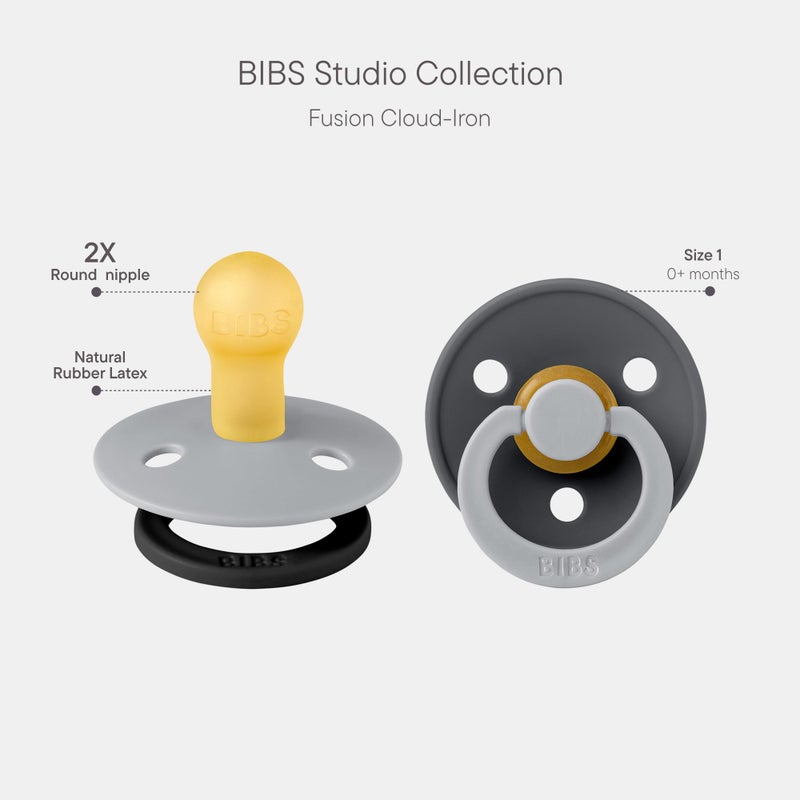 BIBS Colour Studio Pacifier 2-Pack, BPA Free, Round Nipple. Natural Rubber Latex, Made in Denmark, Size 1 (0-6 Months) - Cloud/Iron - Image 2