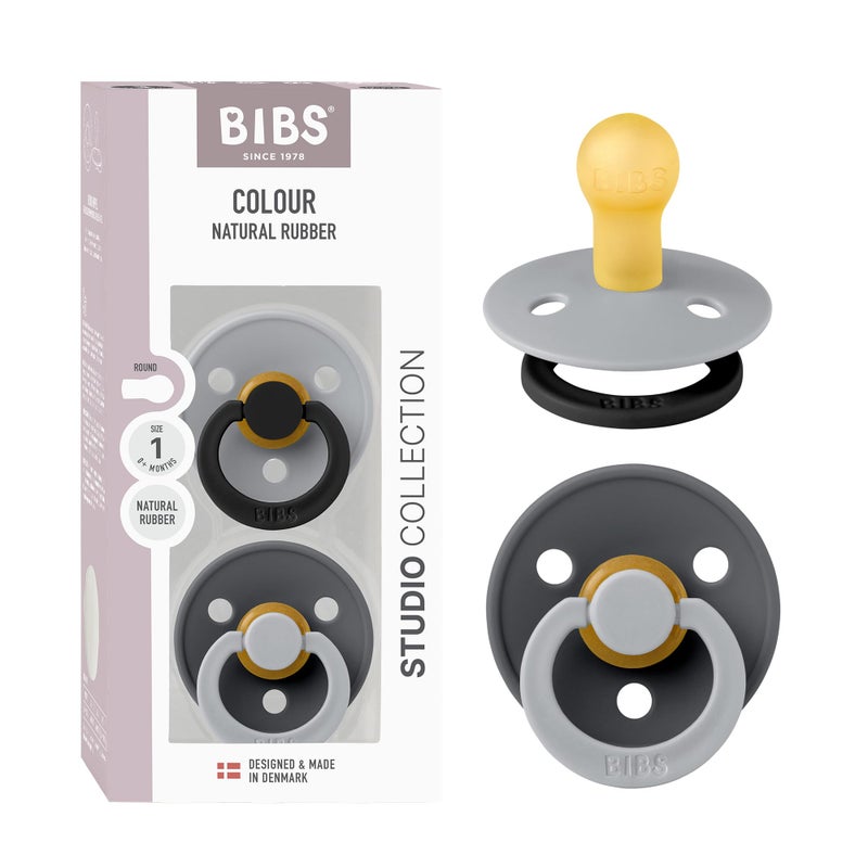 BIBS Colour Studio Pacifier 2-Pack, BPA Free, Round Nipple. Natural Rubber Latex, Made in Denmark, Size 1 (0-6 Months) - Cloud/Iron - Image 1