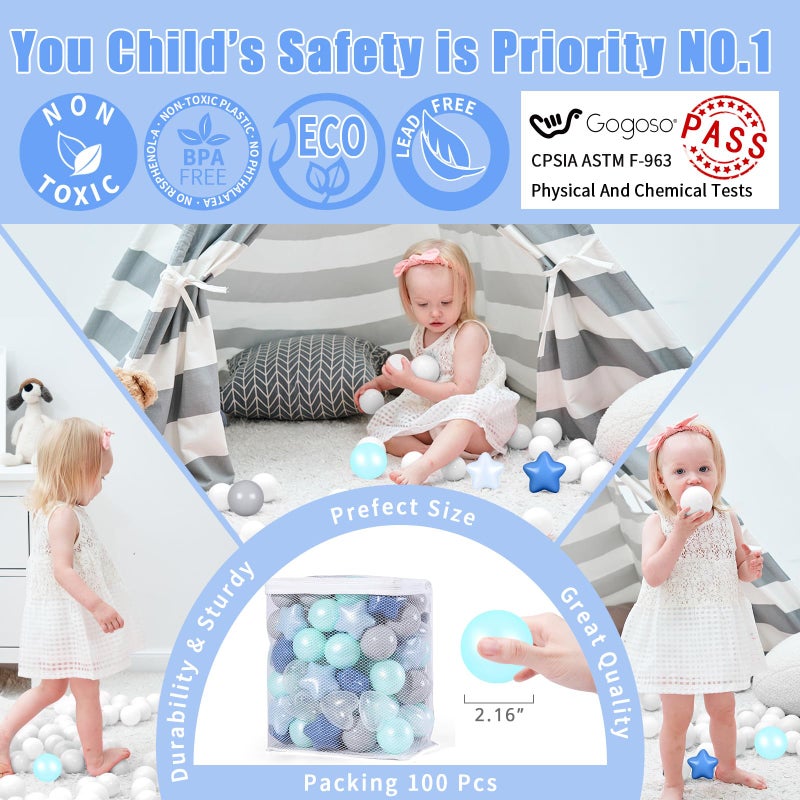 GOGOSO Ball Pit Balls,Plastics Balls for Ball Pit, Stars Hearts Shape for PastelBall for Toddlers Kids, Star+Heart Balls,Cream Blue+Pearl Blue,100pcs - Image 2