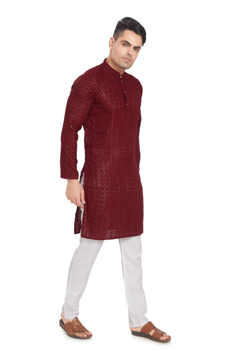 DIVISIVE Men's Embroidered Cotton Blend Only Slim Fit Kurta (DKRT375_XL_Maroon) - Image 3