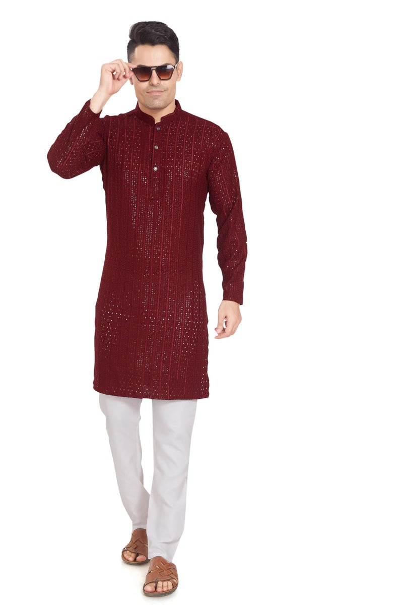 DIVISIVE Men's Embroidered Cotton Blend Only Slim Fit Kurta (DKRT375_XL_Maroon) - Image 2