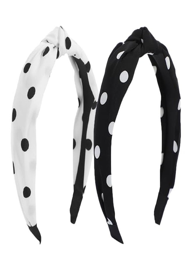 BaBakiak Polka Dot Black White Headband 2PCS, Non-Slip Wide Knotted Headband - Image 1
