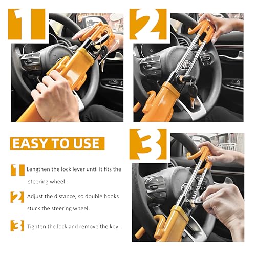 KNFRXO Steering Wheel Lock for car Universal Adjustable Length Anti-Theft Device Car Locks Double Hook Locks for Car SUV Pickup Truck Van(Yellow) - Image 4
