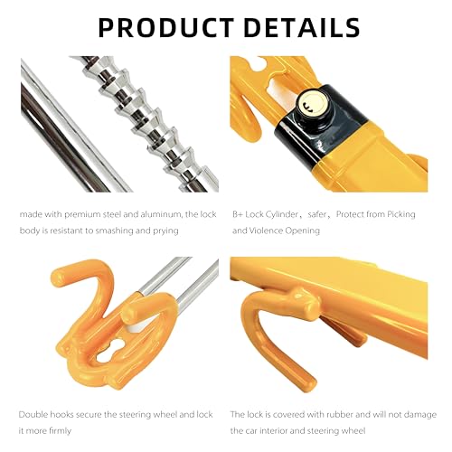 KNFRXO Steering Wheel Lock for car Universal Adjustable Length Anti-Theft Device Car Locks Double Hook Locks for Car SUV Pickup Truck Van(Yellow) - Image 2