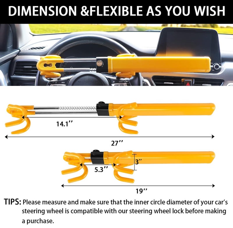 KNFRXO Steering Wheel Lock for car Universal Adjustable Length Anti-Theft Device Car Locks Double Hook Locks for Car SUV Pickup Truck Van(Yellow) - Image 3