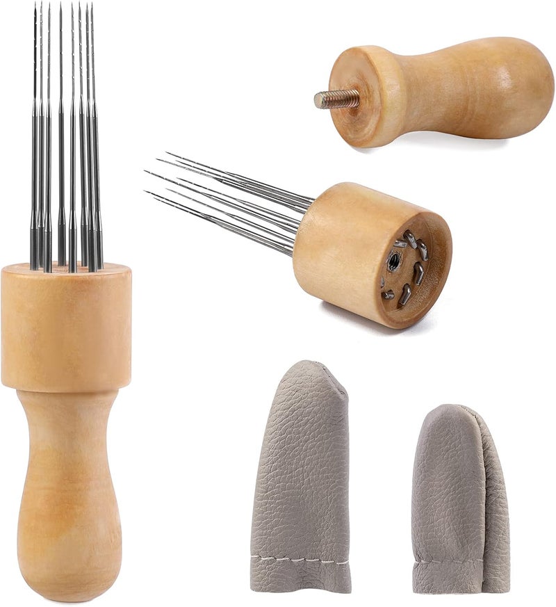 Mayboos Felting Needle with Eight Needles Tool,Craft Wool Felt Stitch Punch Tool with Solid Wood Handle Felting Eight Needles Tool with Finger Cots - Image 1