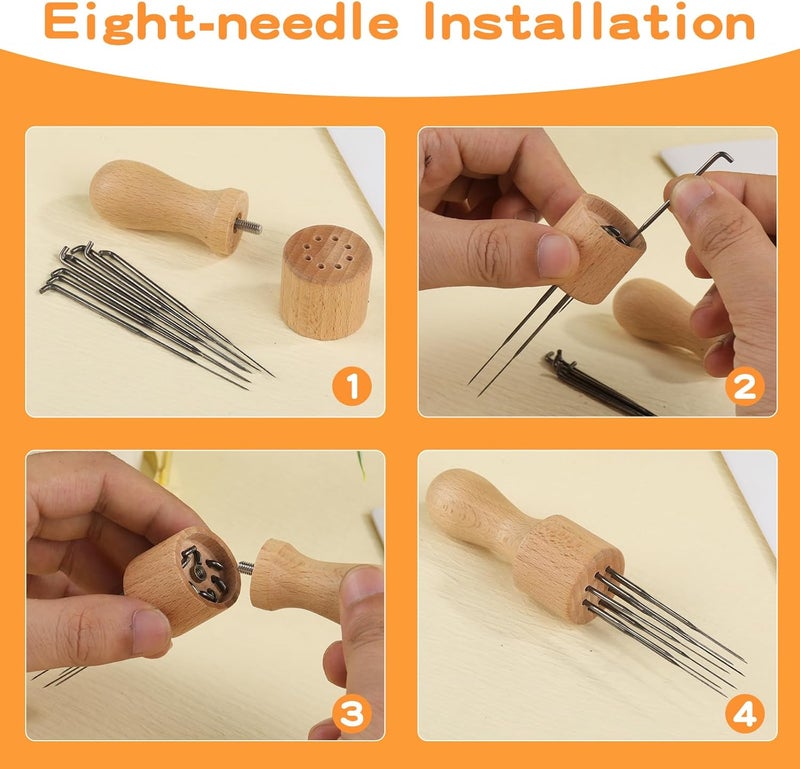 Mayboos Felting Needle with Eight Needles Tool,Craft Wool Felt Stitch Punch Tool with Solid Wood Handle Felting Eight Needles Tool with Finger Cots - Image 4