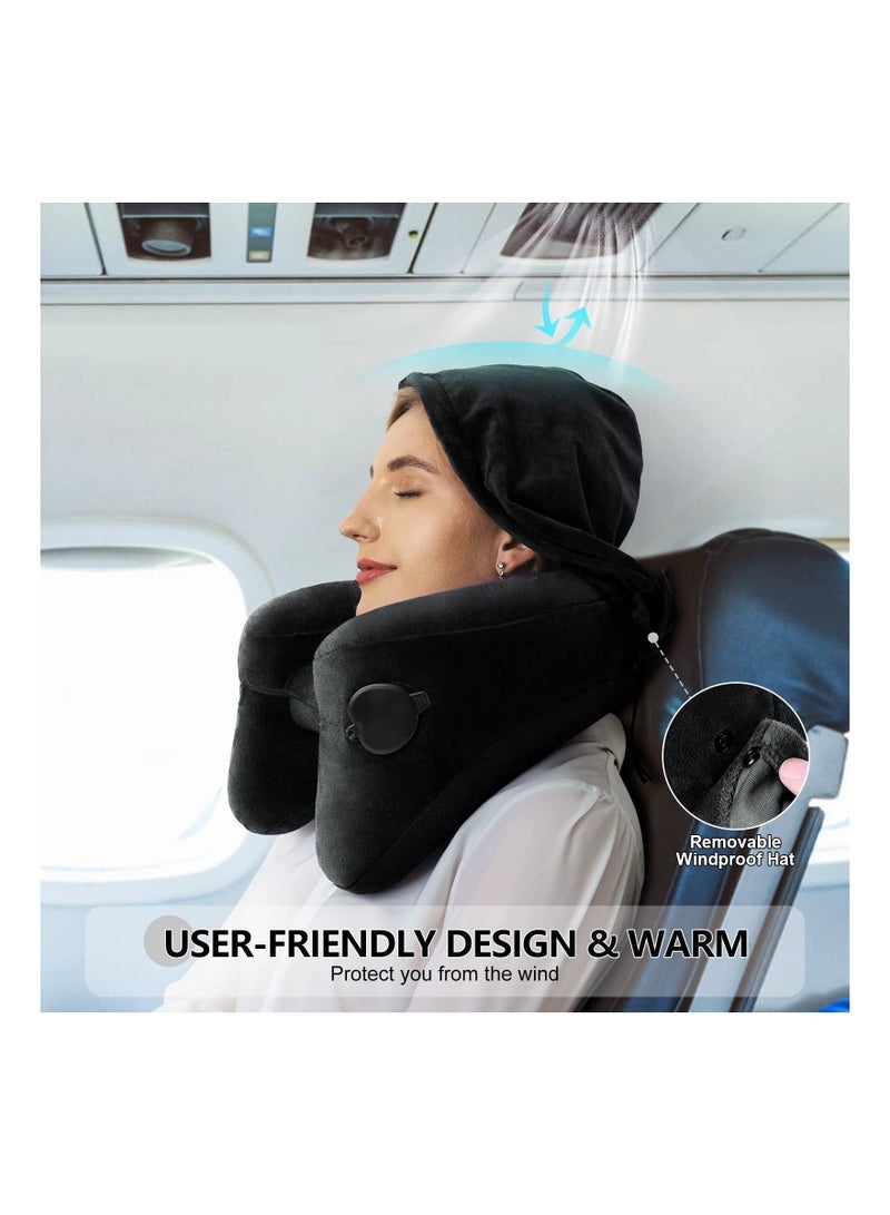 NIBEMINENT Inflatable Airplane Neck Pillow, and Chin Supportive Travel Pillow with Hat Portable Soft Velour Cover,Hat,Portable Drawstring Bag,3D Eye Mask Earplug for  - Image 2