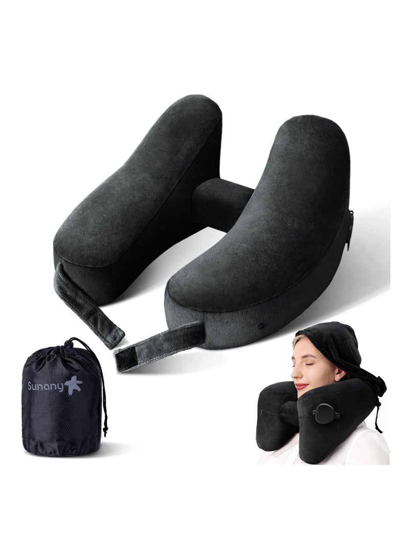 NIBEMINENT Inflatable Airplane Neck Pillow, and Chin Supportive Travel Pillow with Hat Portable Soft Velour Cover,Hat,Portable Drawstring Bag,3D Eye Mask Earplug for  - Image 1