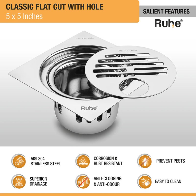 RUHE تصريف أرضي مربع مسطح كلاسيكي Ruhe® | تصريف أرضي من الفولاذ المقاوم للصدأ بدرجة 304 مع مصيدة صراصير/جالي وثقب - 5 × 5 بوصات - Image 4