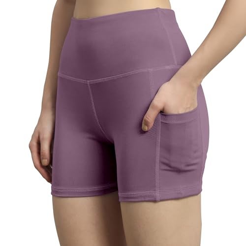 Mehrang High Waist Workout Shorts for Women, Midnight Sky, Bike Shorts with Elastic Waistband and Pockets, (L, Lavender) - Image 1