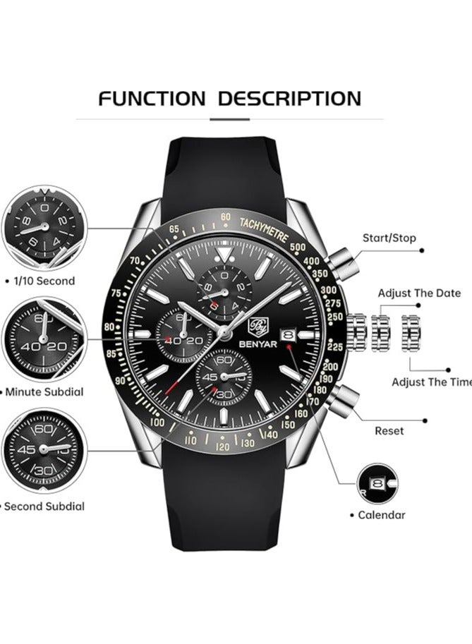 BENYAR Mens Watch Waterproof Chronograph Date Watch for Men Rubber Strap Quartz Movement Analog Watch Business Casual Gift for Men - Image 5