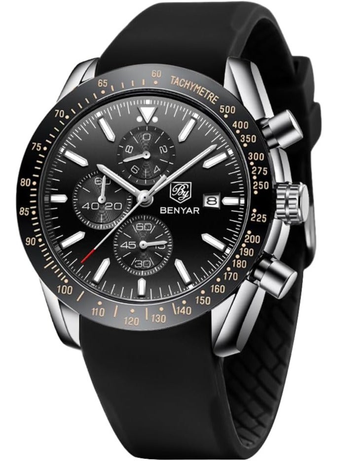 BENYAR Mens Watch Waterproof Chronograph Date Watch for Men Rubber Strap Quartz Movement Analog Watch Business Casual Gift for Men - Image 1