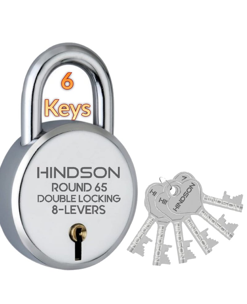 Hindson Round 65mm Padlock | Heavy Duty Metal Body Lock | Double Locking | 8 Steel Levers | 6 Silver Keys with Keychain | Silver Finish | Home Improvement | Made in India - Image 4