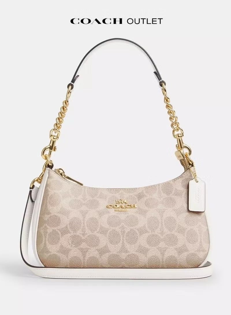 coachoutlet Coach Teri Women's Shoulder Bag In Signature Canvas, Women's Hand Bag, Women's Hobo Bag, Women's Tote Bag, Women's Travel Bag, Gold-White 24cm - Image 1