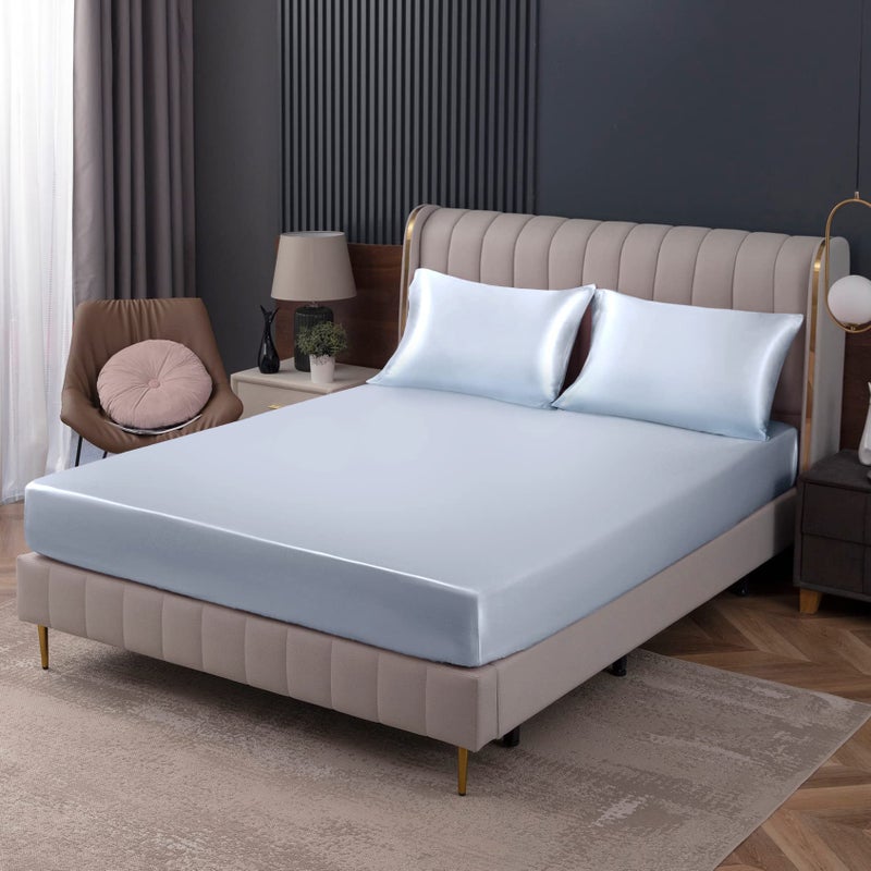 Homiest Homiest Baby Blue Satin Fitted Sheet Twin Size Fitted Bed Sheet  Deep Pocket Fitted Sheet Only  Luxury & Ultra Soft Bedding Fitted Sheet Single Bottom Bed Sheets Sold Separately  - Image 1