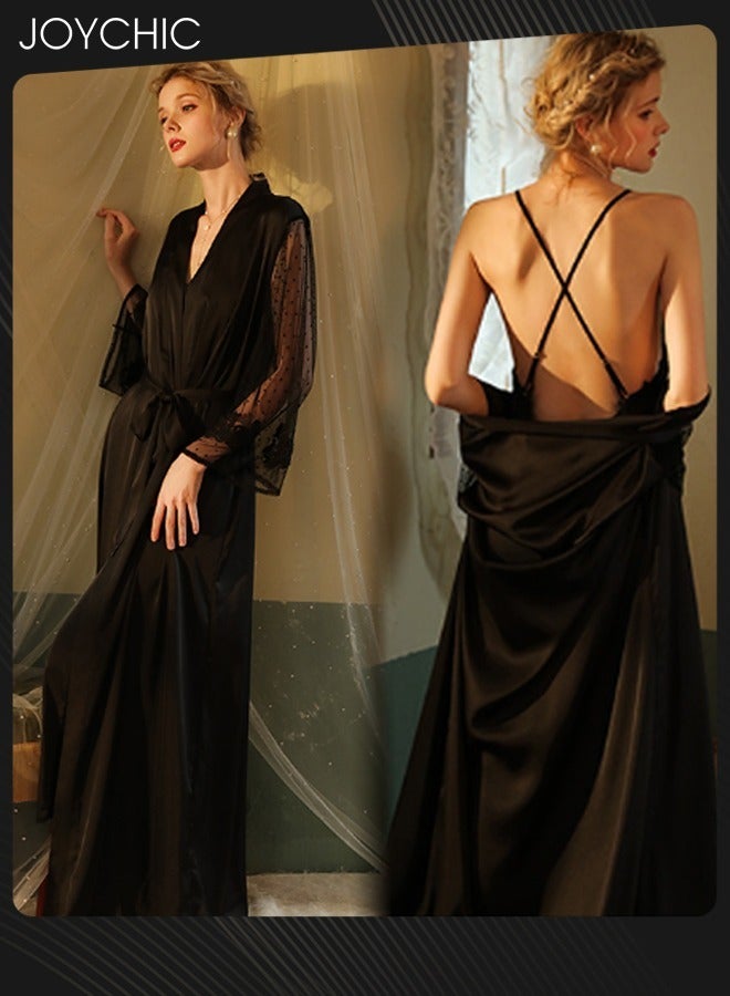 Joychic Spring Summer and Autumn Nightgown Extended Satin Pajamas Sleep Robe+Suspender Dress Cuff Dot Mech Design V-neck Sleepwear with Adjustable Belt for Women Black - Image 1