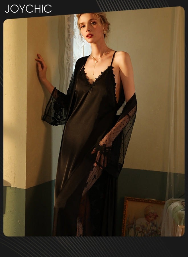 Joychic Spring Summer and Autumn Nightgown Extended Satin Pajamas Sleep Robe+Suspender Dress Cuff Dot Mech Design V-neck Sleepwear with Adjustable Belt for Women Black - Image 2