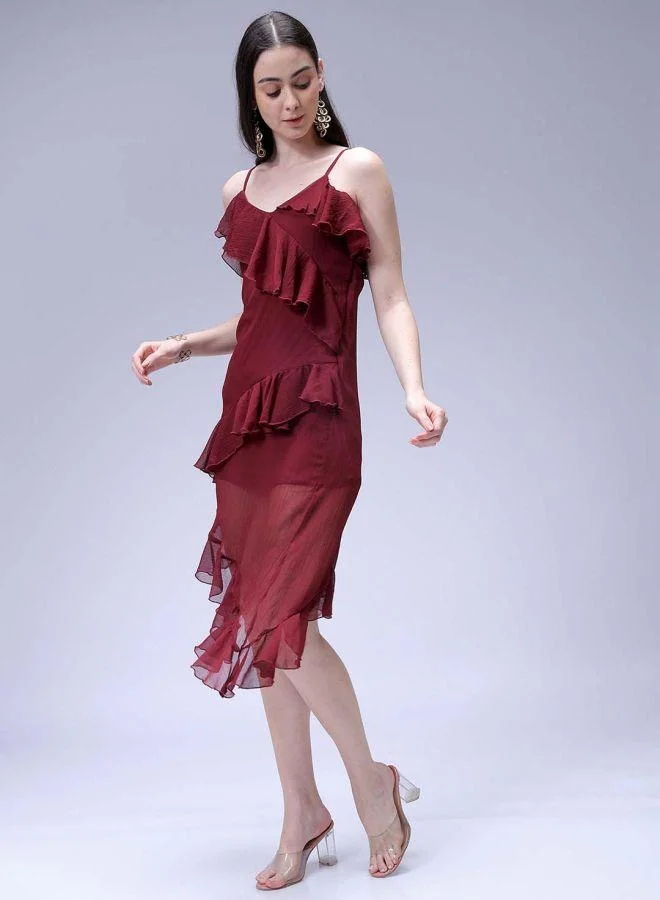 Freehand  Women Fit and Flared Solid V-Neck Sleeveless Asymmetric Dress for Women | Best Price UAE