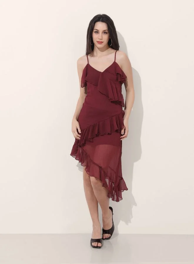 Freehand  Women Fit and Flared Solid V-Neck Sleeveless Asymmetric Dress for Women | Best Price UAE